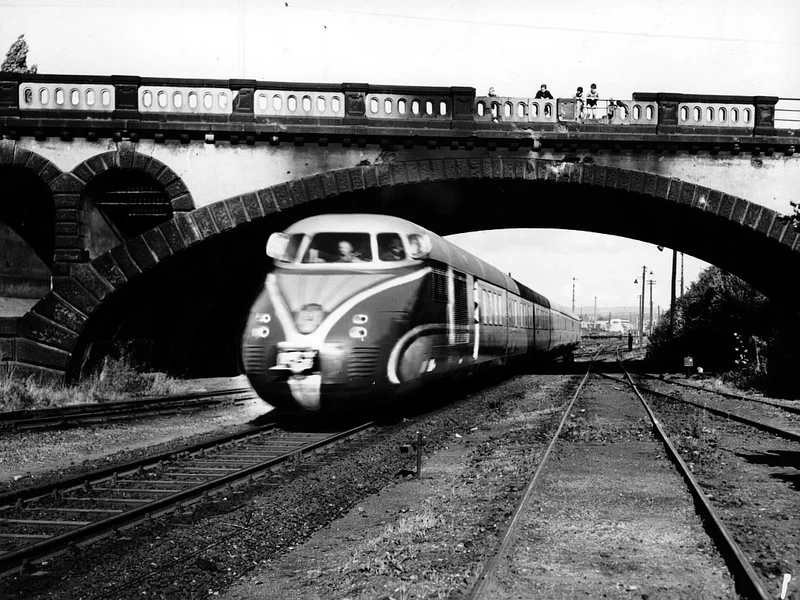 Historical photograph of a moving train