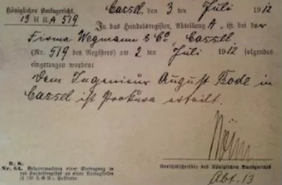Historic Wegmann certificate