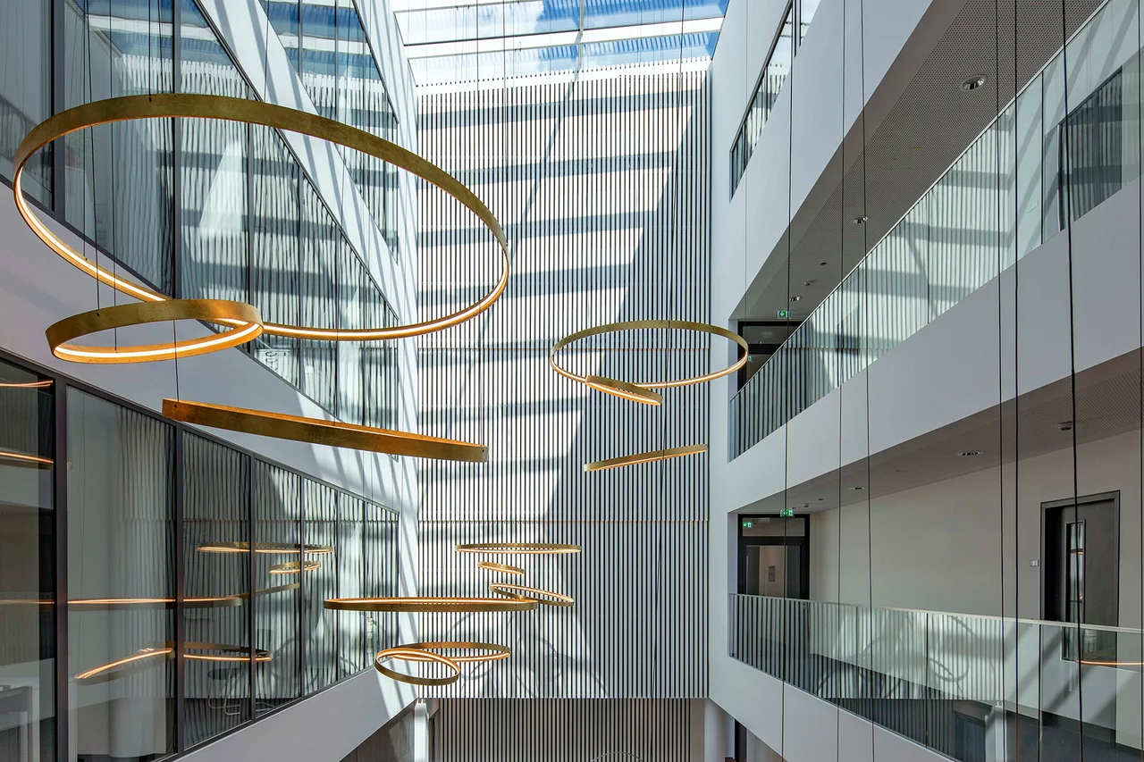 Inner courtyard of a modern office building with stylish designer lighting