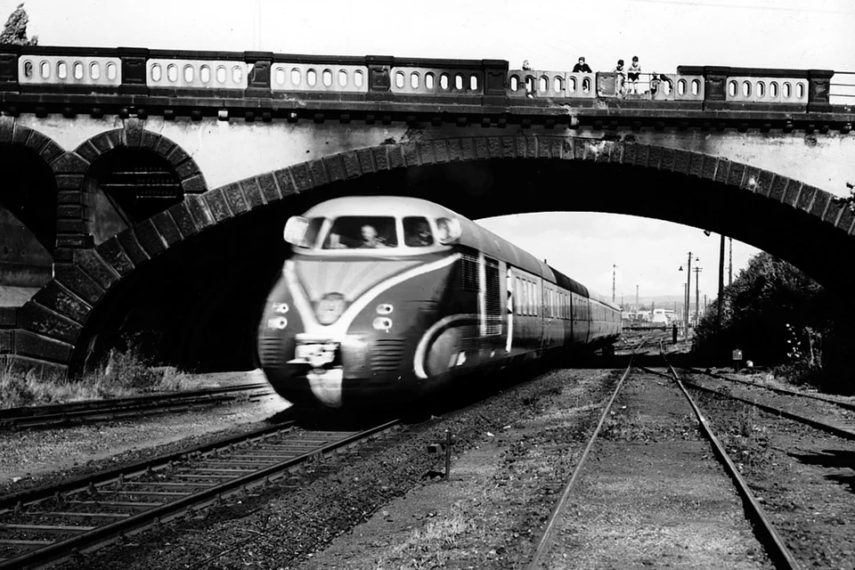 Historical photograph of a moving train